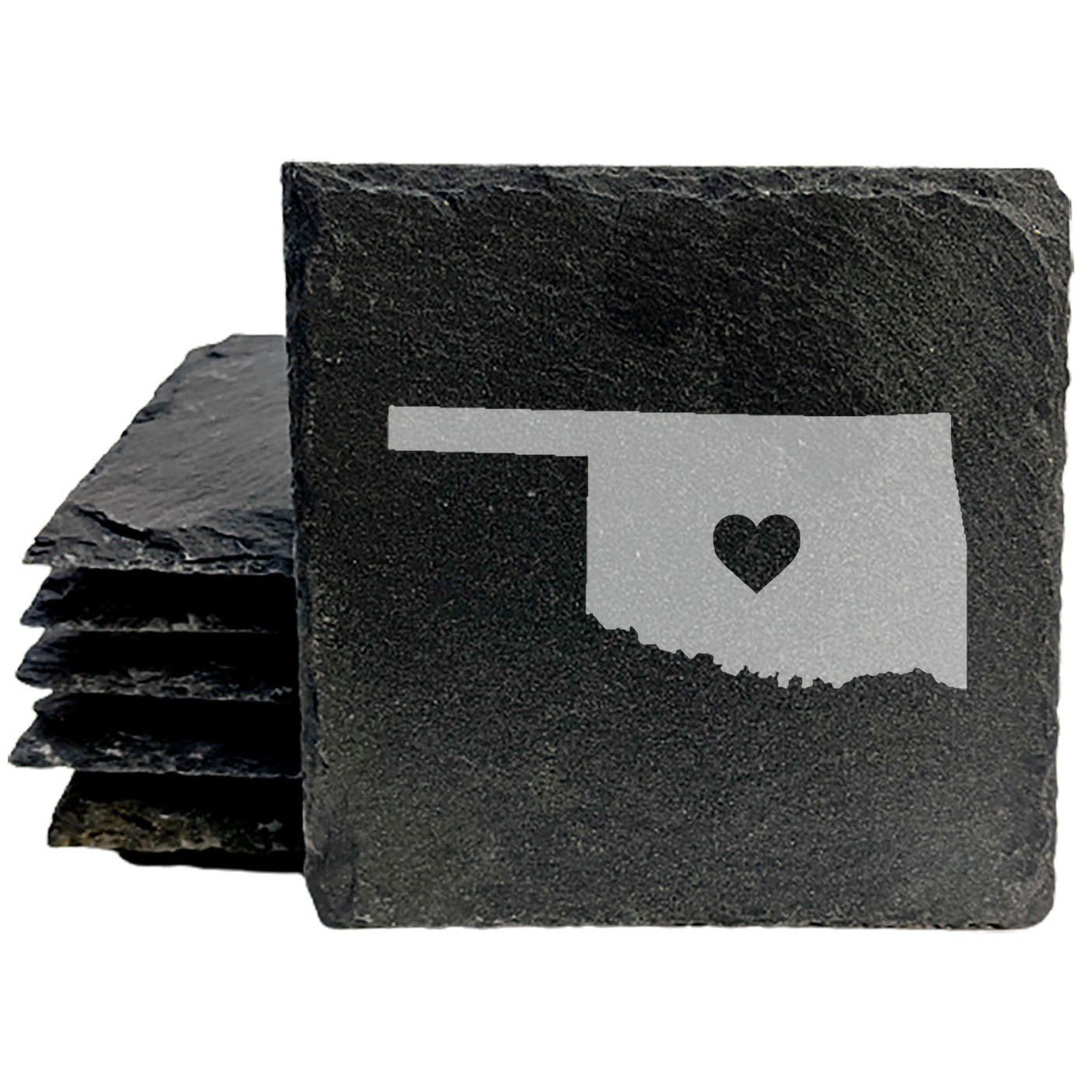 Rustic Slate Coasters Set of 4, Oklahoma Heart Design, 4" Round, Laser Etched, Natural Chipped Edge, Rubber Feet, , Perfect for Holidays, Birthdays, Housewarming, Made in USA