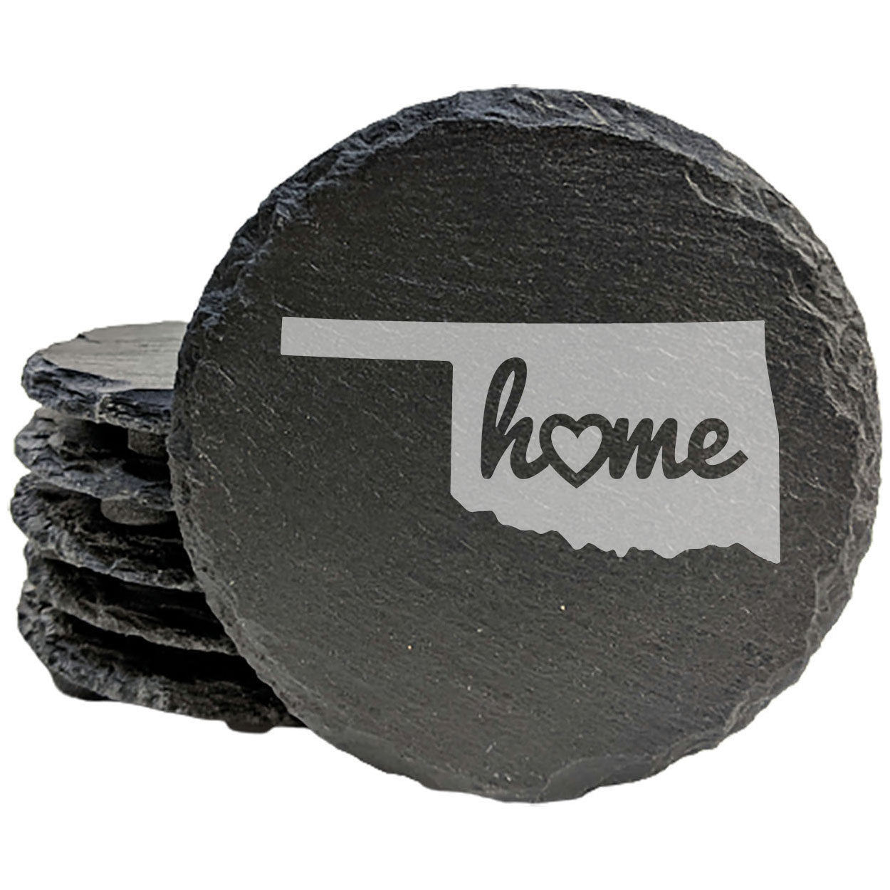 Rustic Slate Coasters Set of 4, Round 4" with Oklahoma 'Home' Heart Design, Perfect for Holidays, Birthdays, Housewarming Gifts, She-Shed or Man Cave, Made in Oregon, USA, Natural Chipped Edge