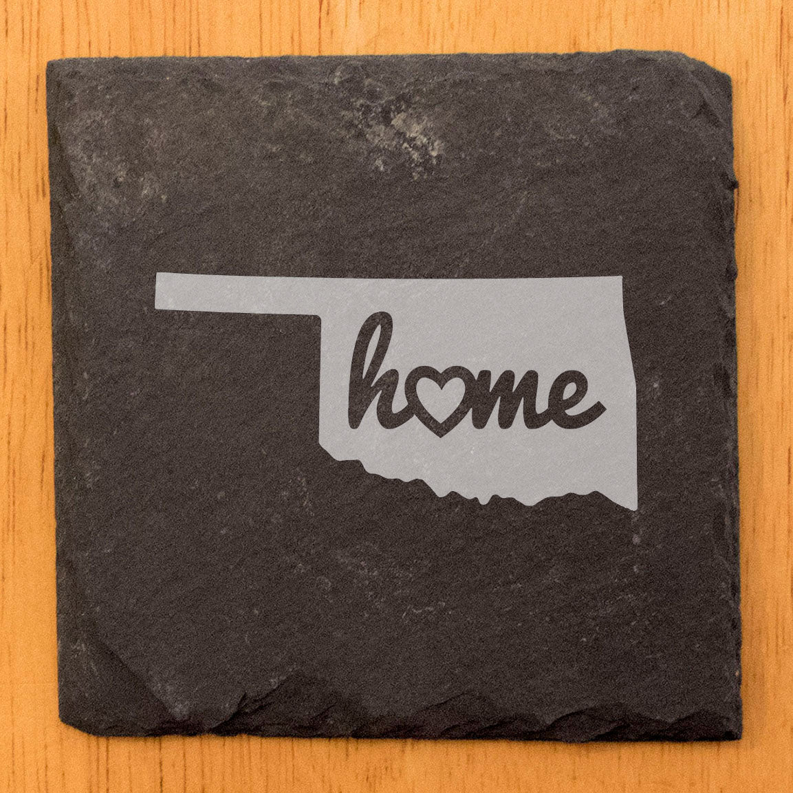 Rustic Slate Coasters Set of 4, Round 4" with Oklahoma 'Home' Heart Design, Perfect for Holidays, Birthdays, Housewarming Gifts, She-Shed or Man Cave, Made in Oregon, USA, Natural Chipped Edge