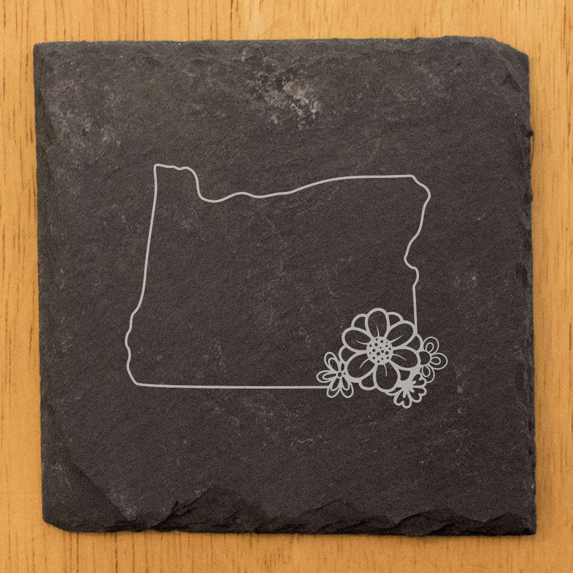 Rustic Slate Coasters Set of 4 - Laser Etched Oregon Design with Flower - Perfect Gift for Holidays, Birthdays, Housewarming - 4" Round/Square - Made in USA - Natural Chipped Edge & Rubber Feet