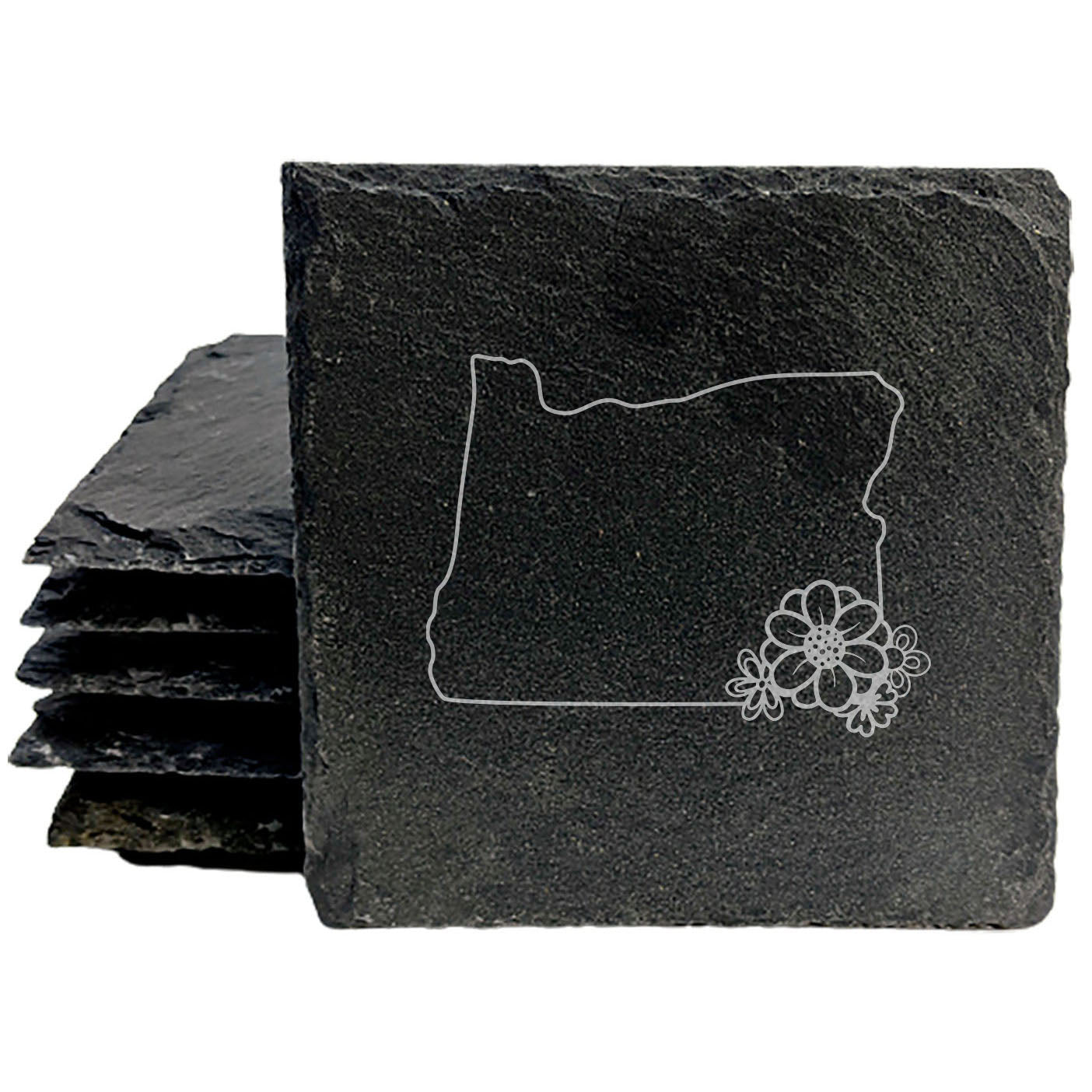 Rustic Slate Coasters Set of 4 - Laser Etched Oregon Design with Flower - Perfect Gift for Holidays, Birthdays, Housewarming - 4" Round/Square - Made in USA - Natural Chipped Edge & Rubber Feet