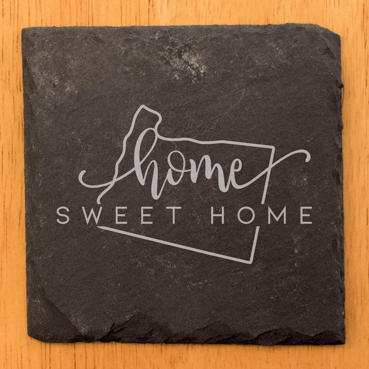 Rustic Slate Coasters Set of 4 - Round 4" with 'Home Sweet Home' Oregon Design - Perfect Gift for Holidays, Birthdays, Housewarming - Made in USA - Natural Chipped Edge, Rubber Feet, Boxed