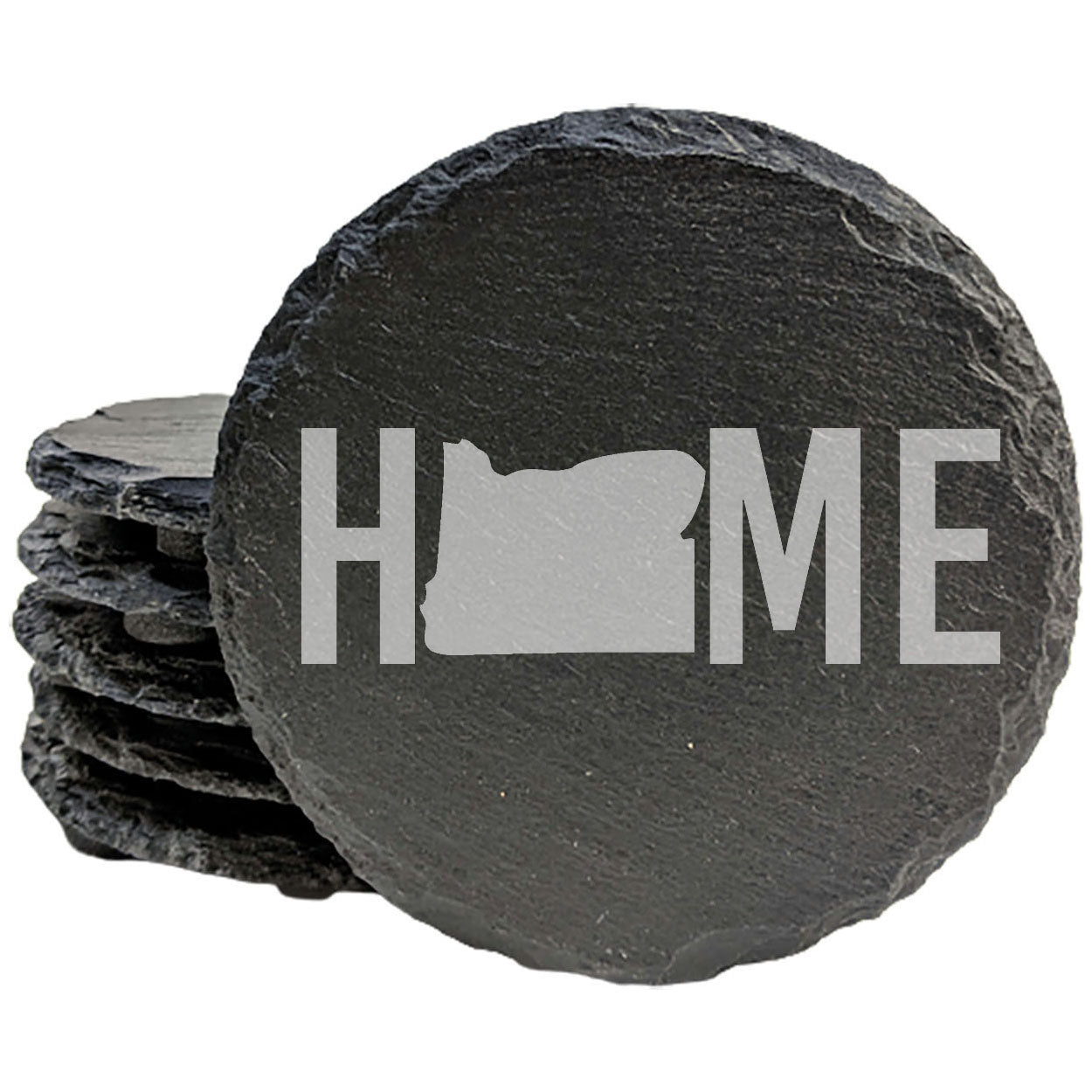 Rustic Slate Coasters Set of 4, Laser Etched 'HOME' Design with Oregon Shape, 4" Round, Natural Chipped Edge, Rubber Feet, , Perfect for She-Shed, Man Cave, Made in Oregon, USA