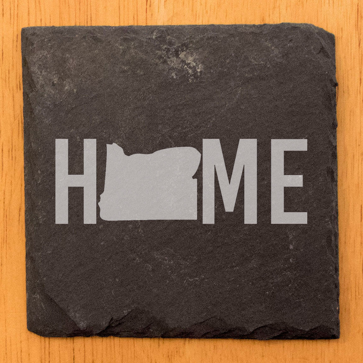 Rustic Slate Coasters Set of 4, Laser Etched 'HOME' Design with Oregon Shape, 4" Round, Natural Chipped Edge, Rubber Feet, , Perfect for She-Shed, Man Cave, Made in Oregon, USA