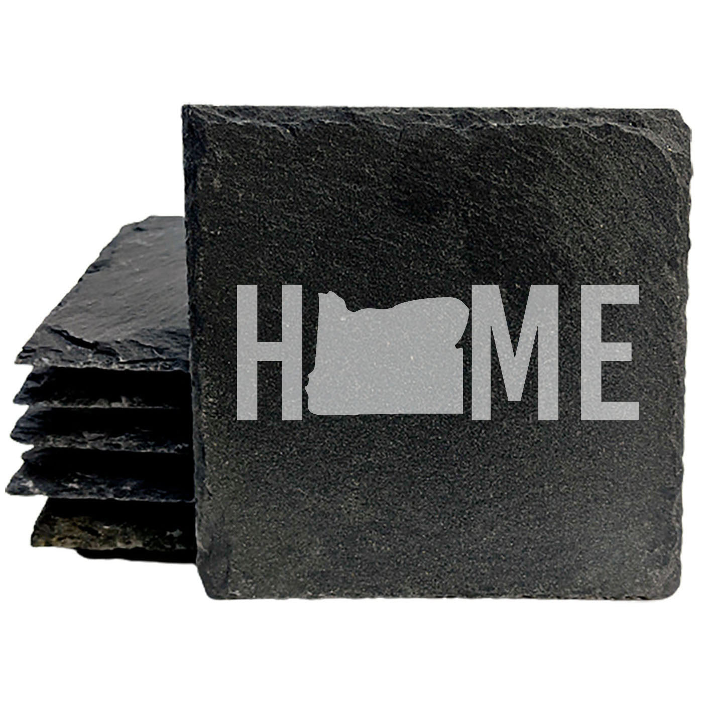 Rustic Slate Coasters Set of 4, Laser Etched 'HOME' Design with Oregon Shape, 4" Round, Natural Chipped Edge, Rubber Feet, , Perfect for She-Shed, Man Cave, Made in Oregon, USA