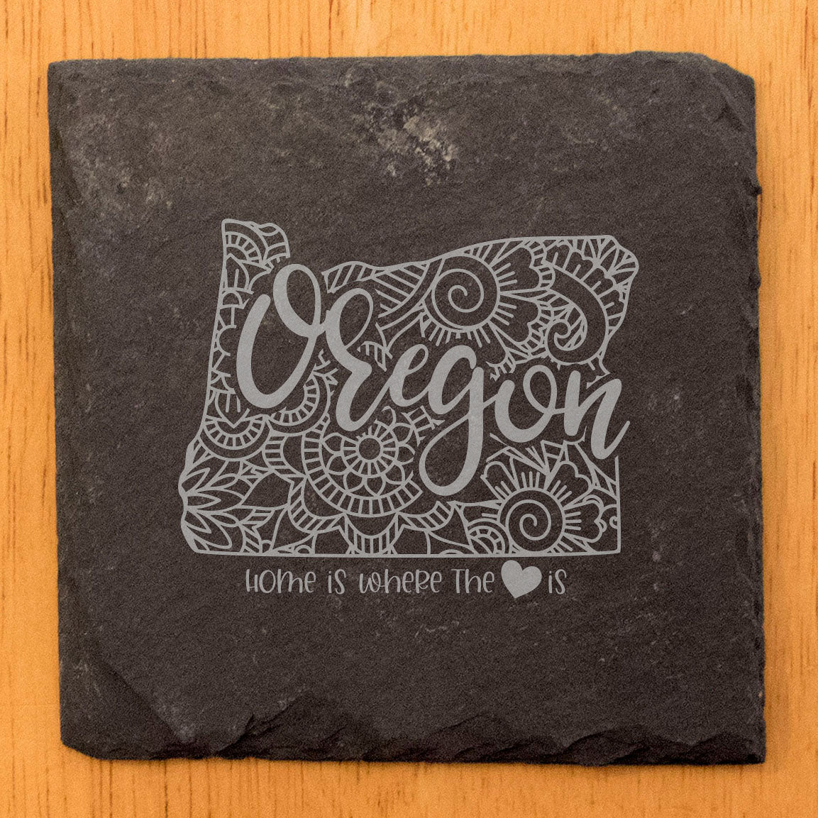 Rustic Slate Coasters Set of 4, Round 4" with Oregon Mandala Design, 'Home is Where the Heart Is' - Perfect Gift for Holidays, Birthdays, Housewarming - Made in USA, Small Business, Natural Edge