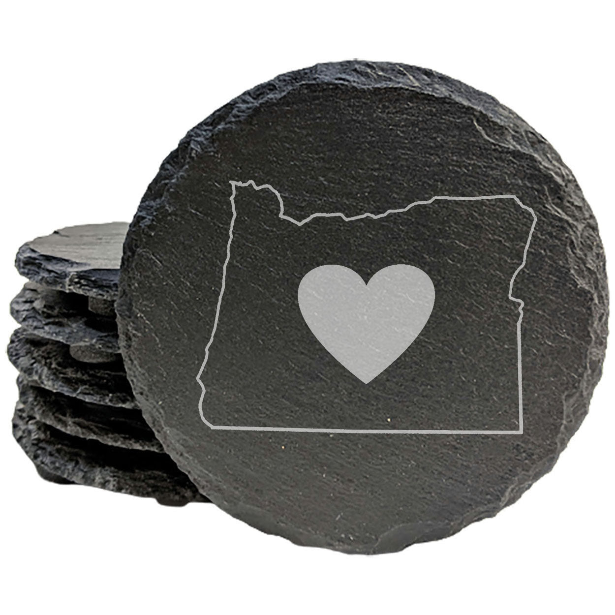 Rustic Slate Coasters Set of 4 - Oregon Heart Design, 4" Round, Natural Chipped Edge, Rubber Feet, - Perfect for Holidays, Birthdays, Housewarming, She-Shed, Man Cave - USA Made