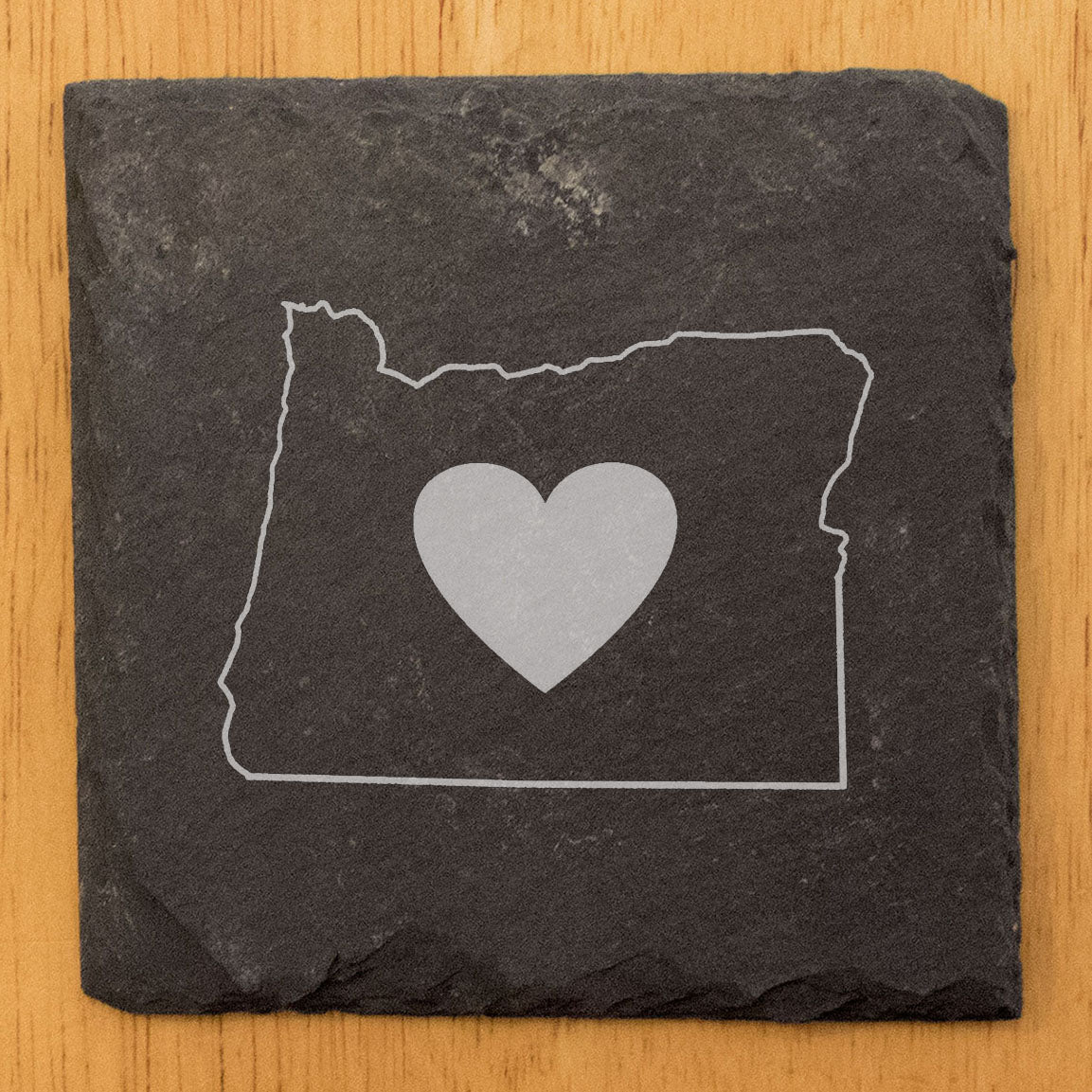Rustic Slate Coasters Set of 4 - Oregon Heart Design, 4" Round, Natural Chipped Edge, Rubber Feet, - Perfect for Holidays, Birthdays, Housewarming, She-Shed, Man Cave - USA Made