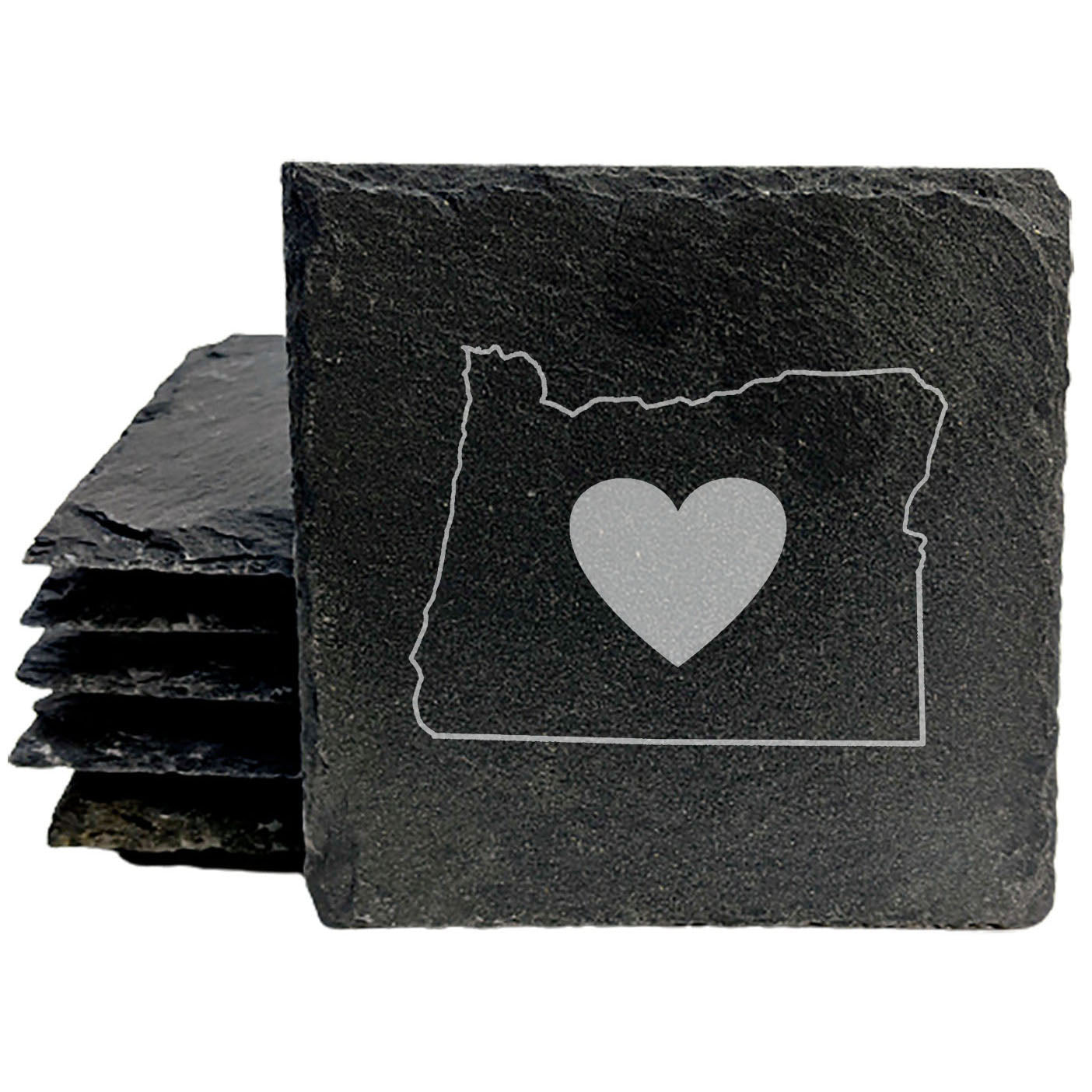 Rustic Slate Coasters Set of 4 - Oregon Heart Design, 4" Round, Natural Chipped Edge, Rubber Feet, - Perfect for Holidays, Birthdays, Housewarming, She-Shed, Man Cave - USA Made