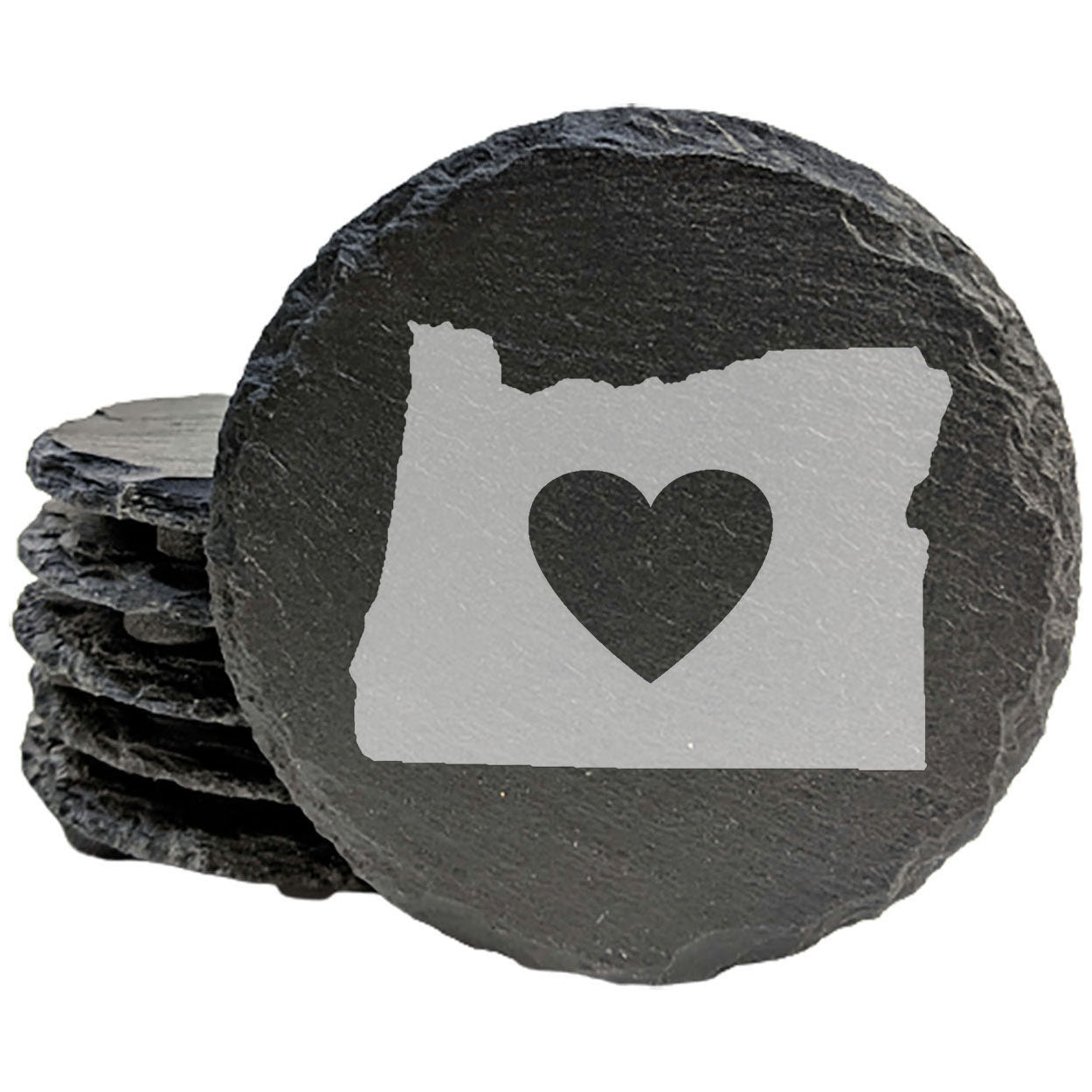 Rustic Slate Coasters Set of 4, Laser Etched Oregon Design with Heart, 4" Round, Natural Chipped Edge, Rubber Feet, , Perfect for Holidays, Birthdays, Housewarming, Made in USA