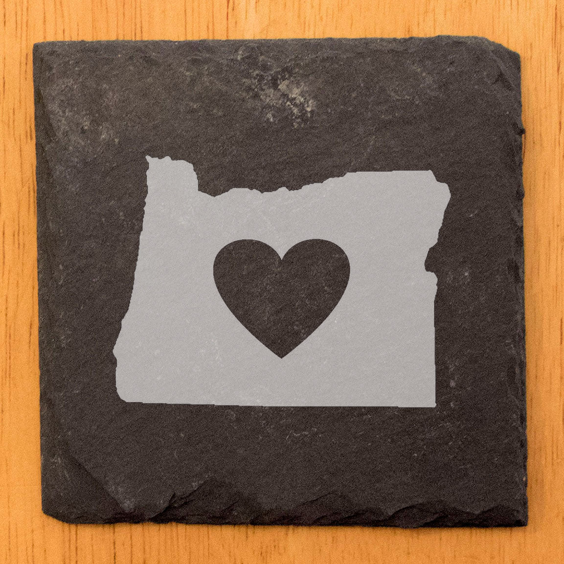 Rustic Slate Coasters Set of 4, Laser Etched Oregon Design with Heart, 4" Round, Natural Chipped Edge, Rubber Feet, , Perfect for Holidays, Birthdays, Housewarming, Made in USA