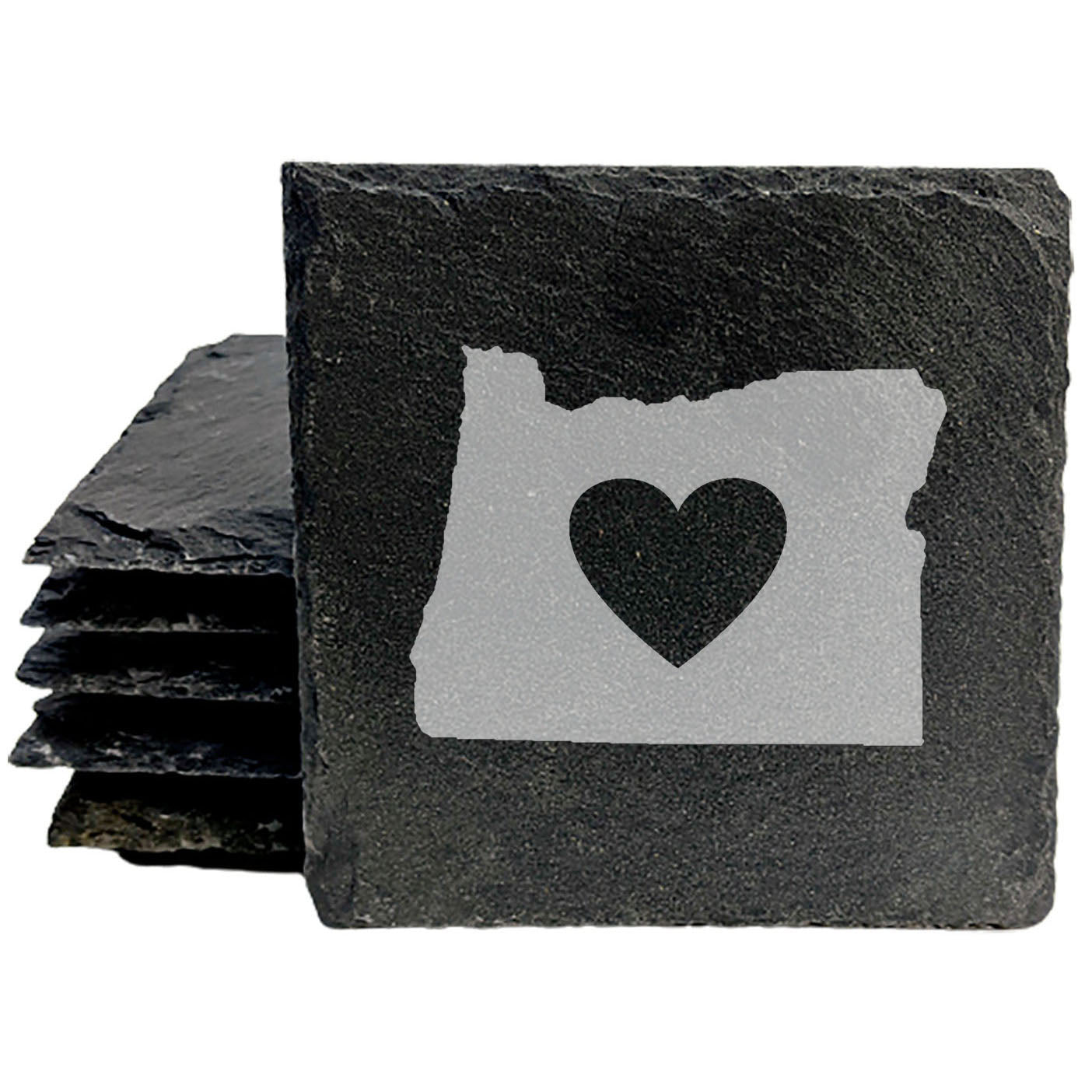 Rustic Slate Coasters Set of 4, Laser Etched Oregon Design with Heart, 4" Round, Natural Chipped Edge, Rubber Feet, , Perfect for Holidays, Birthdays, Housewarming, Made in USA