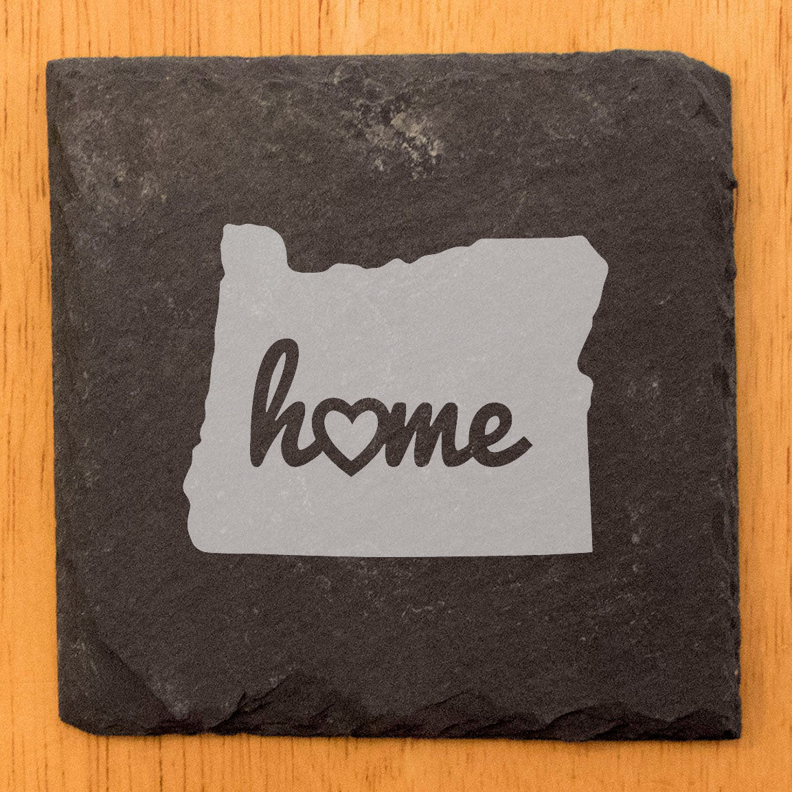 Rustic Slate Coasters Set of 4 - Oregon 'Home' Design, Heart Detail, 4" Round, Natural Chipped Edge, Rubber Feet, - Perfect for Holidays, Birthdays, Housewarming, She-Shed, Man Cave