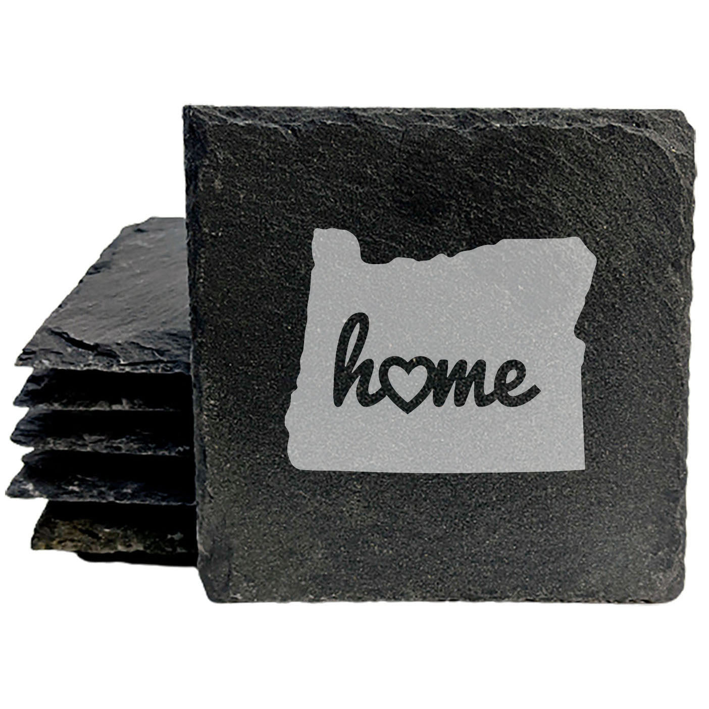 Rustic Slate Coasters Set of 4 - Oregon 'Home' Design, Heart Detail, 4" Round, Natural Chipped Edge, Rubber Feet, - Perfect for Holidays, Birthdays, Housewarming, She-Shed, Man Cave