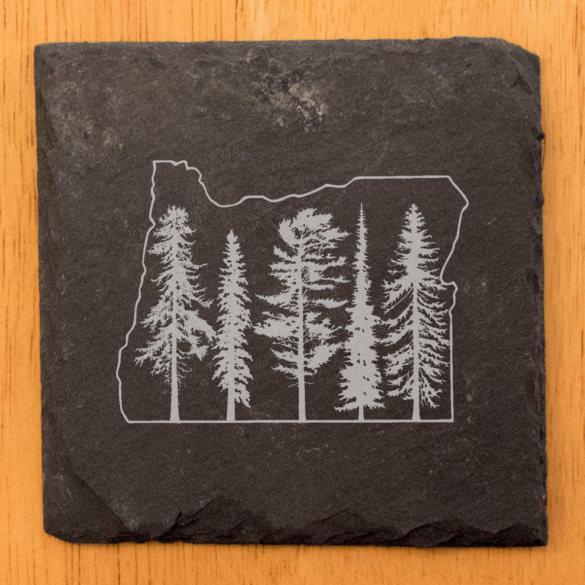 Rustic Slate Coasters Set of 4, Round 4" with Oregon State & Evergreen Tree Design, Laser Etched, Natural Chipped Edge, Rubber Feet, , Perfect for She-Shed or Man Cave, Made in USA