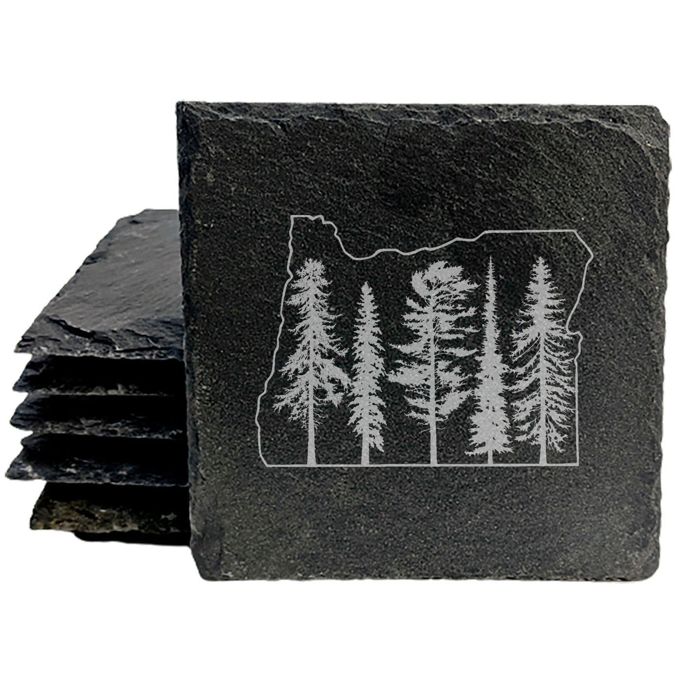 Rustic Slate Coasters Set of 4, Round 4" with Oregon State & Evergreen Tree Design, Laser Etched, Natural Chipped Edge, Rubber Feet, , Perfect for She-Shed or Man Cave, Made in USA