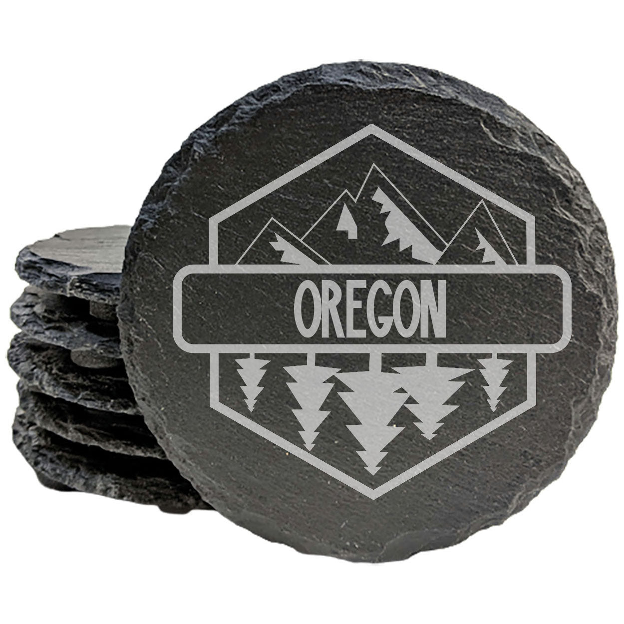 Rustic Slate Coasters Set of 4, Laser Etched Oregon Design, 4" Round, Natural Chipped Edge, Rubber Feet, Perfect for She-Shed, Man Cave, Gifts for Holidays, Birthdays, Housewarming, Made in USA