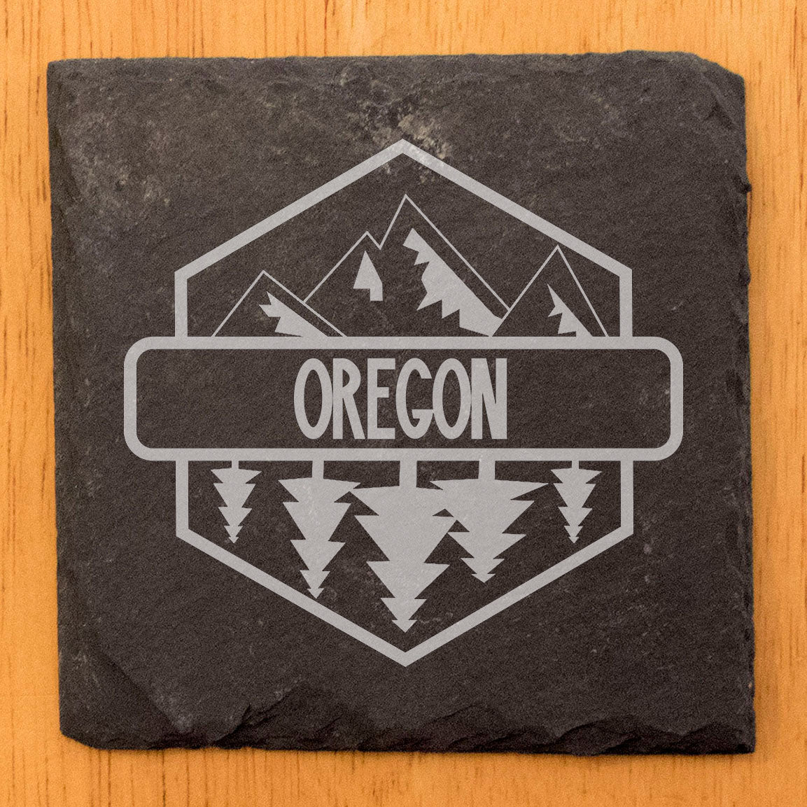 Rustic Slate Coasters Set of 4, Laser Etched Oregon Design, 4" Round, Natural Chipped Edge, Rubber Feet, Perfect for She-Shed, Man Cave, Gifts for Holidays, Birthdays, Housewarming, Made in USA