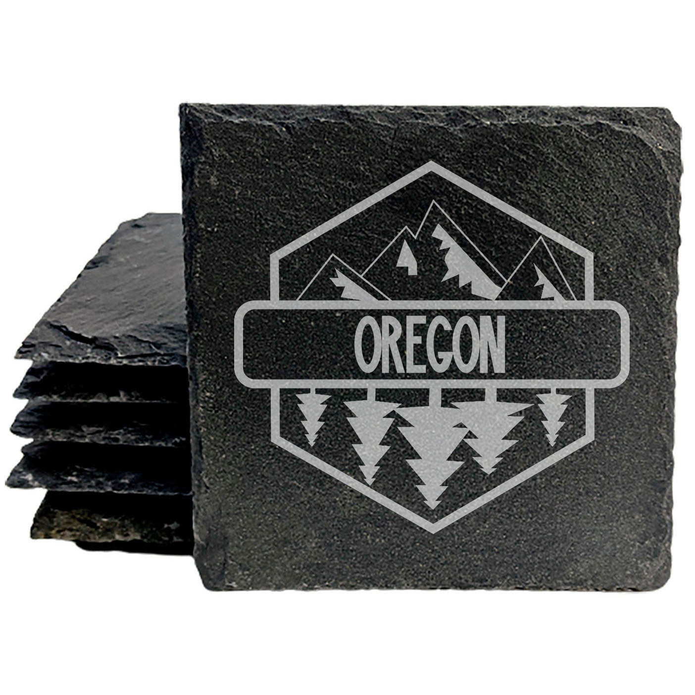 Rustic Slate Coasters Set of 4, Laser Etched Oregon Design, 4" Round, Natural Chipped Edge, Rubber Feet, Perfect for She-Shed, Man Cave, Gifts for Holidays, Birthdays, Housewarming, Made in USA