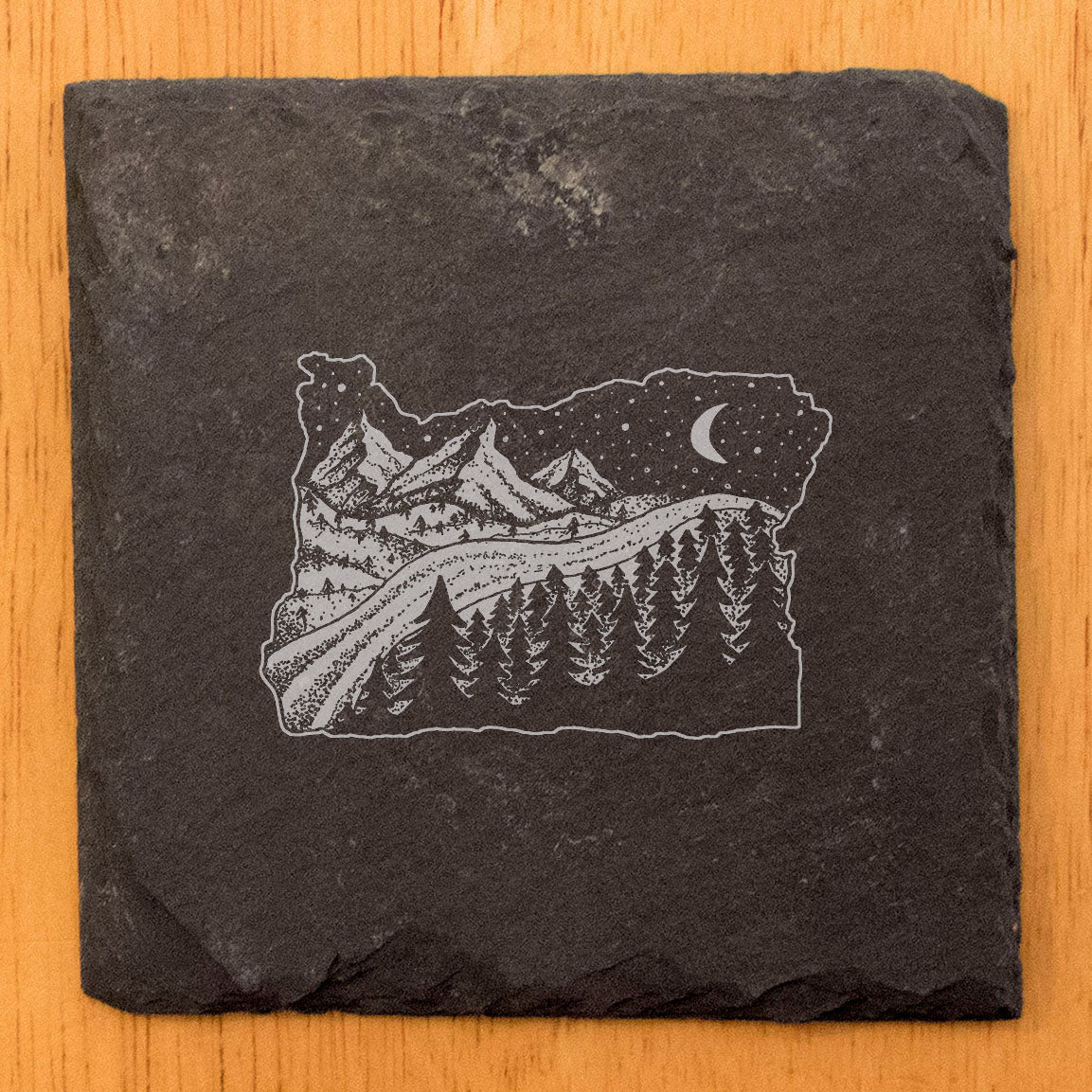 Rustic Slate Coasters Set of 4 - Oregon Night Scene Design, 4" Round, Laser Etched, Natural Chipped Edge, Rubber Feet, - Perfect for Holidays, Birthdays, Housewarming, She-Shed, Man Cave - Made in USA