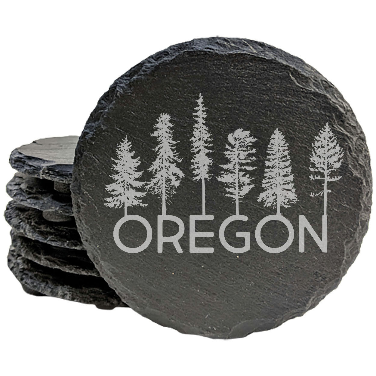 Rustic Slate Coasters Set of 4, Laser Etched Oregon Tree Design, 4" Round, Natural Chipped Edge, Rubber Feet, , Perfect for Holidays, Birthdays, Housewarming, Made in USA