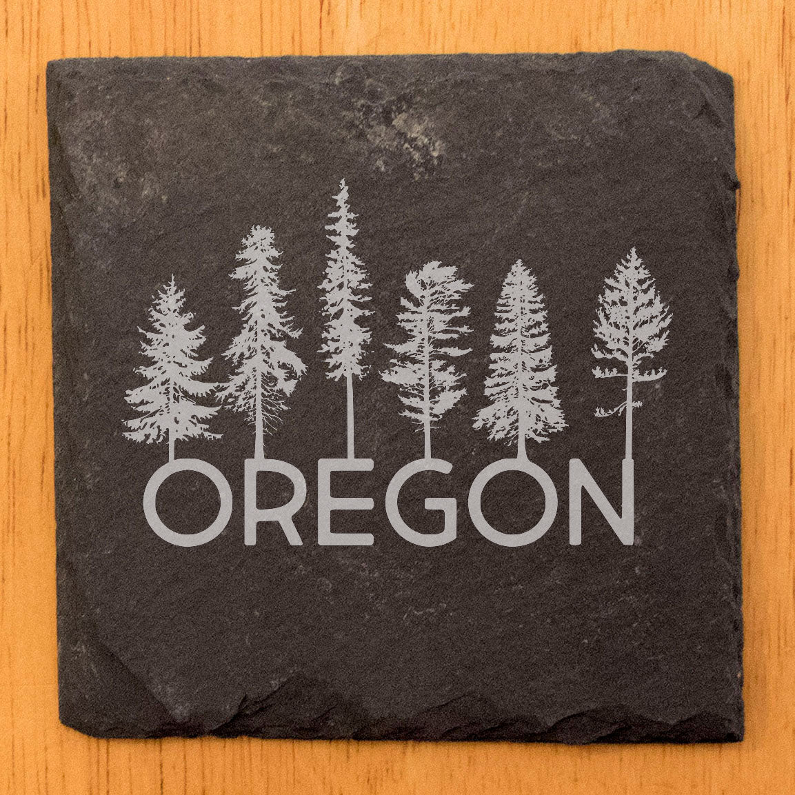 Rustic Slate Coasters Set of 4, Laser Etched Oregon Tree Design, 4" Round, Natural Chipped Edge, Rubber Feet, , Perfect for Holidays, Birthdays, Housewarming, Made in USA