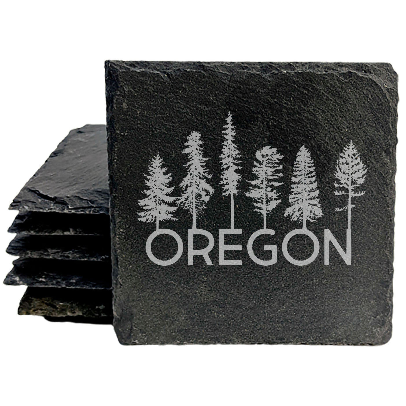 Rustic Slate Coasters Set of 4, Laser Etched Oregon Tree Design, 4" Round, Natural Chipped Edge, Rubber Feet, , Perfect for Holidays, Birthdays, Housewarming, Made in USA