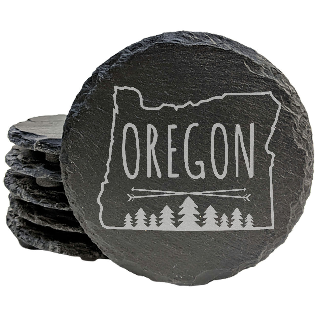 Rustic Slate Coasters Set of 4, Round 4" with Oregon State & Evergreen Design, Perfect for Holidays, Birthdays, Housewarming Gifts, She-Shed or Man Cave, Made in USA by Small Business