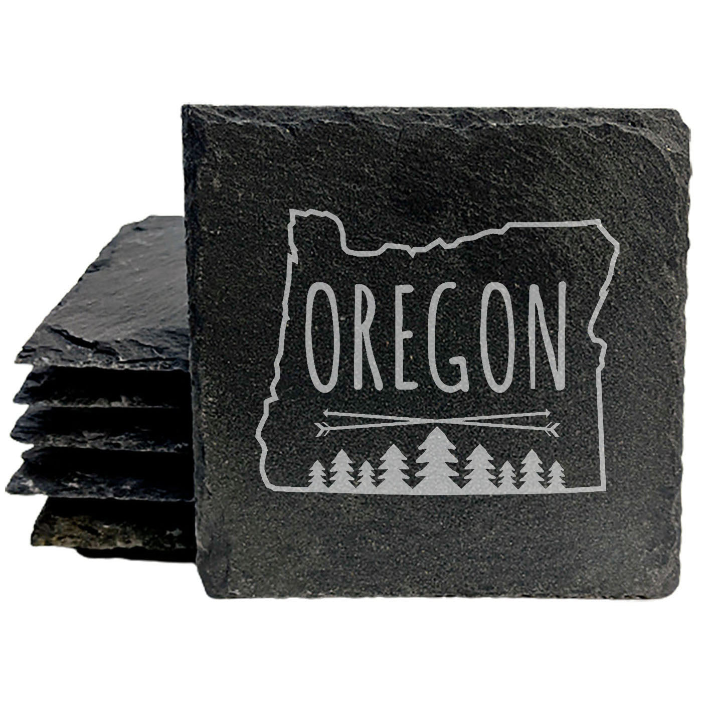 Rustic Slate Coasters Set of 4, Round 4" with Oregon State & Evergreen Design, Perfect for Holidays, Birthdays, Housewarming Gifts, She-Shed or Man Cave, Made in USA by Small Business