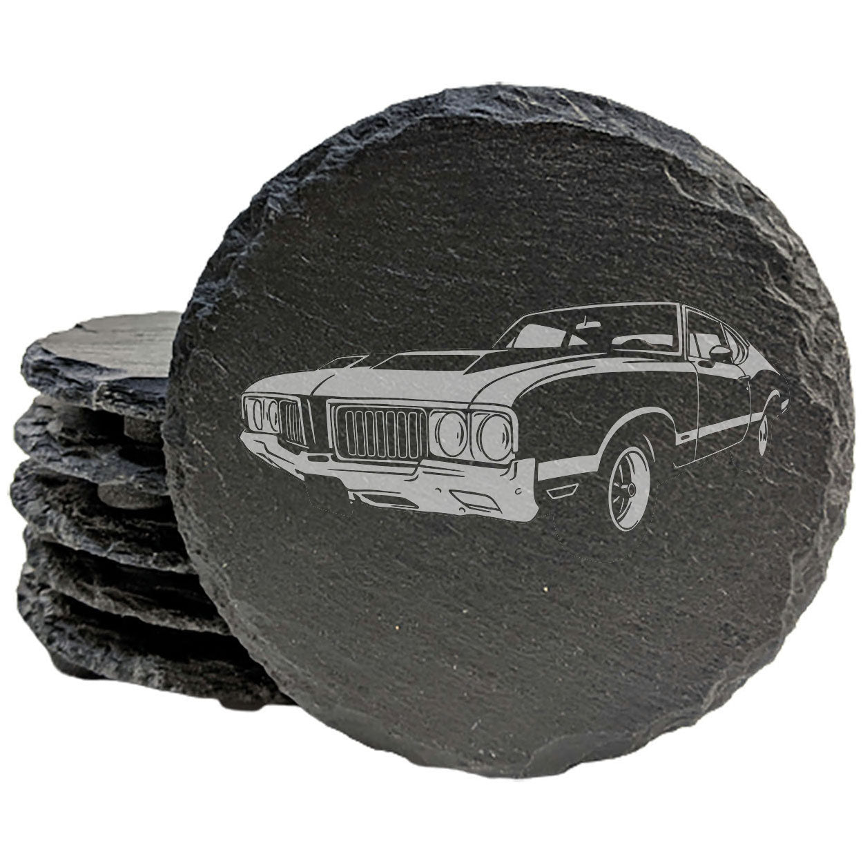 1970 Oldsmobile 442 Laser Etched Rustic Gray Slate Coasters Set of 4 - Perfect All-Occasion Gifts for Holidays, Birthdays, Housewarming - Round or Square with Natural Chipped Edge & Rubber Feet