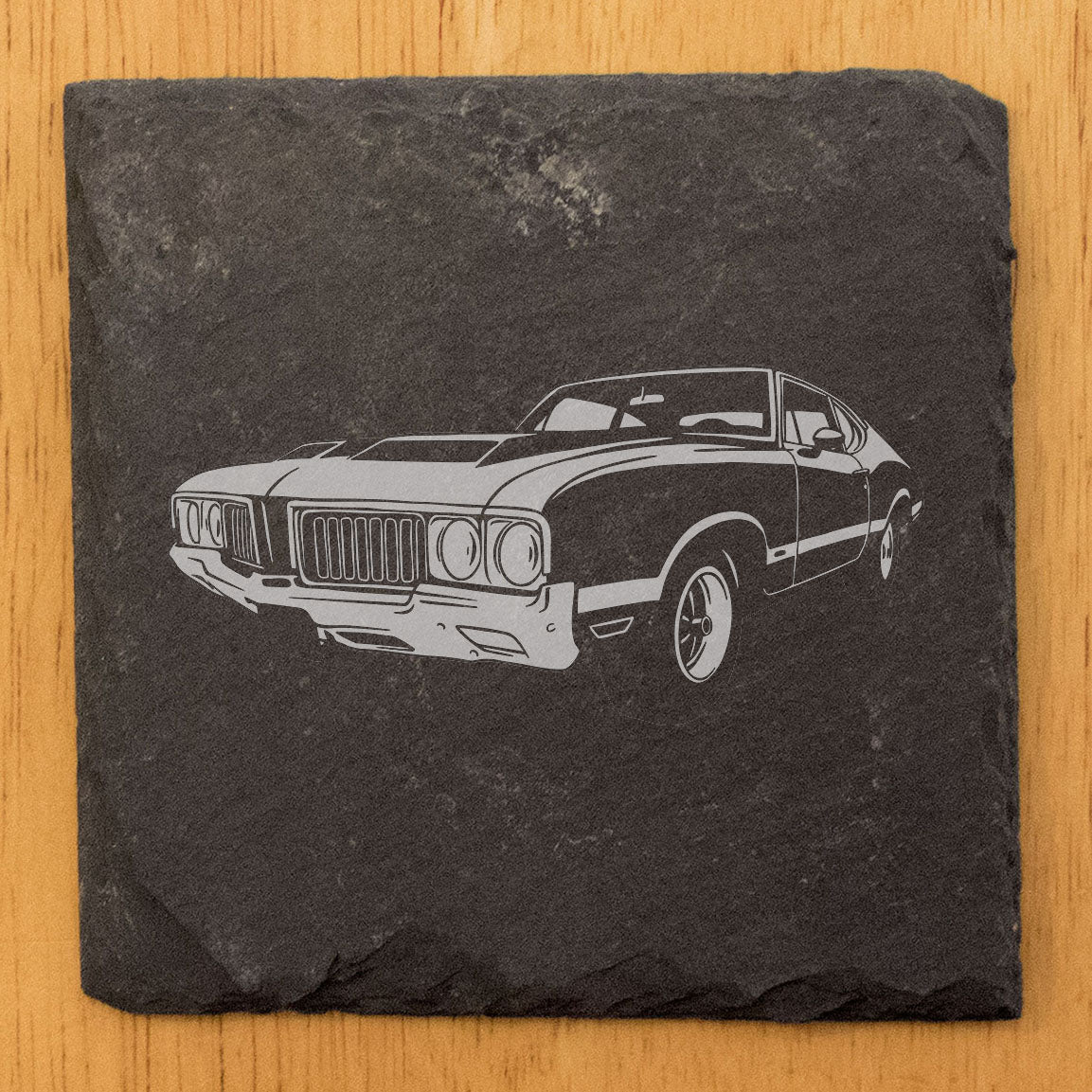 1970 Oldsmobile 442 Laser Etched Rustic Gray Slate Coasters Set of 4 - Perfect All-Occasion Gifts for Holidays, Birthdays, Housewarming - Round or Square with Natural Chipped Edge & Rubber Feet