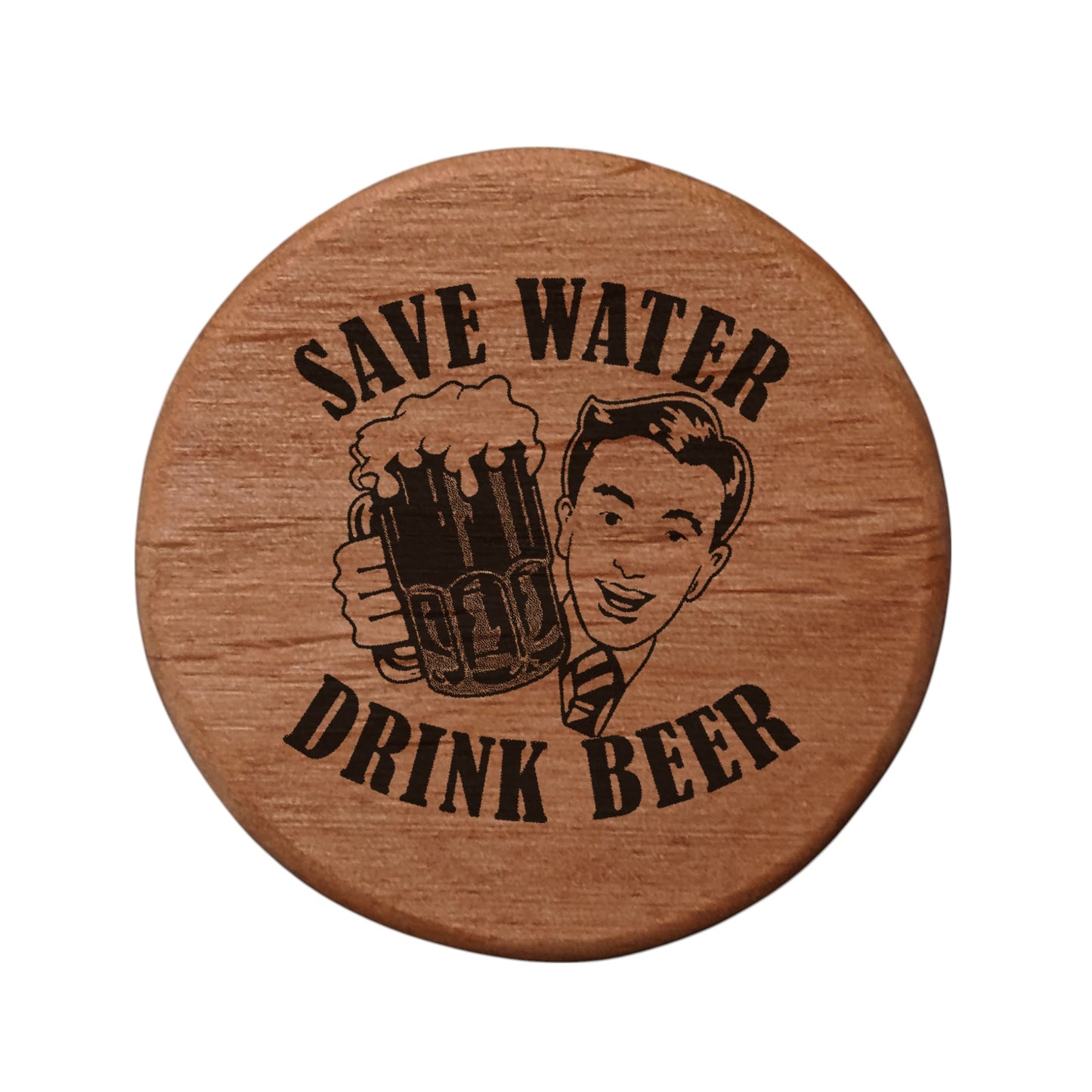 Alder Wood Bottle Opener - 3" Round Magnetic Beer Opener with Vintage Comic Design "Save Water Drink Beer" - Perfect for Fridge, Kegerator, BBQ Grill - Fun Bar Accessory