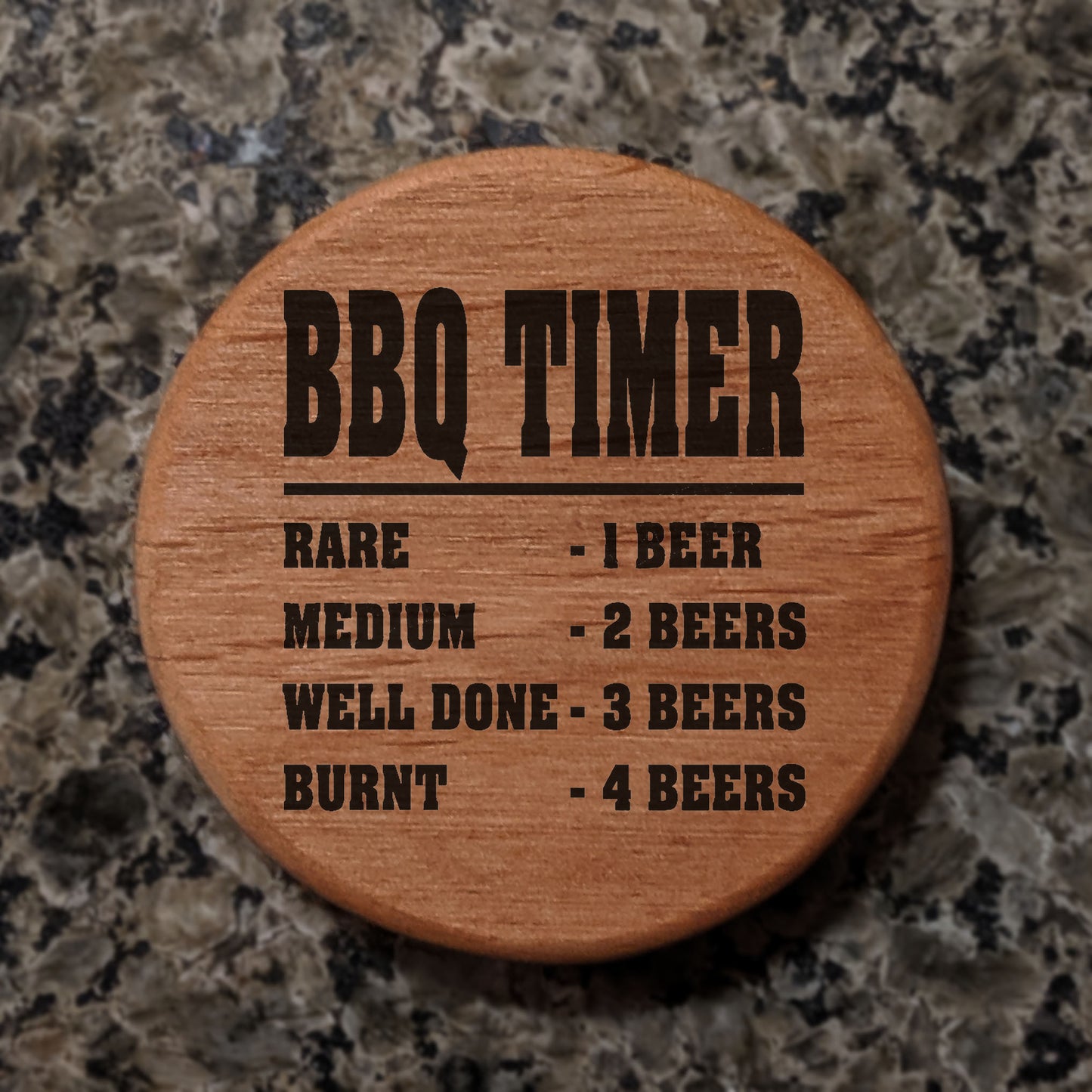 BBQ Timer Bottle Opener - 3" Round Alder Wood with Magnetic Beer Opener, Funny Grilling Gift for Dad, Laser Engraved Meat Cooking Guide, Fridge Magnet for Kitchen