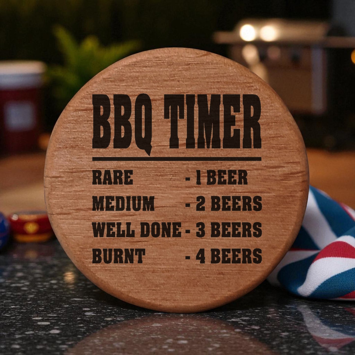 BBQ Timer Bottle Opener - 3" Round Alder Wood with Magnetic Beer Opener, Funny Grilling Gift for Dad, Laser Engraved Meat Cooking Guide, Fridge Magnet for Kitchen