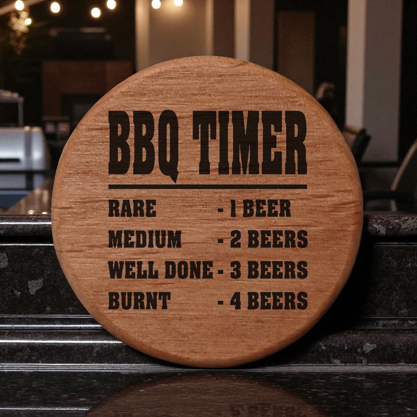 BBQ Timer Bottle Opener - 3" Round Alder Wood with Magnetic Beer Opener, Funny Grilling Gift for Dad, Laser Engraved Meat Cooking Guide, Fridge Magnet for Kitchen