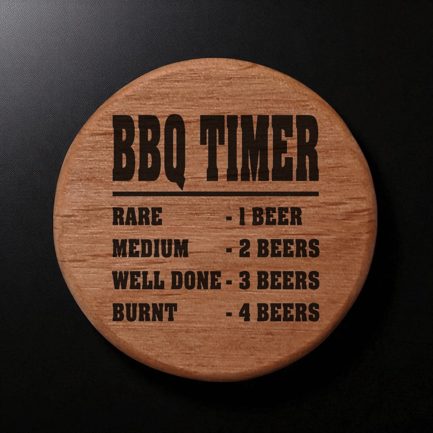 BBQ Timer Bottle Opener - 3" Round Alder Wood with Magnetic Beer Opener, Funny Grilling Gift for Dad, Laser Engraved Meat Cooking Guide, Fridge Magnet for Kitchen
