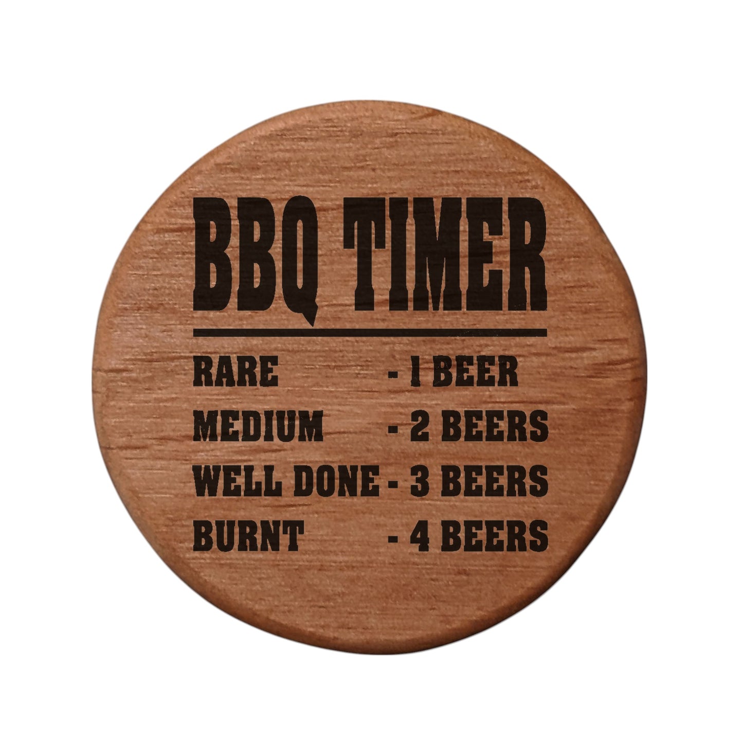 BBQ Timer Bottle Opener - 3" Round Alder Wood with Magnetic Beer Opener, Funny Grilling Gift for Dad, Laser Engraved Meat Cooking Guide, Fridge Magnet for Kitchen