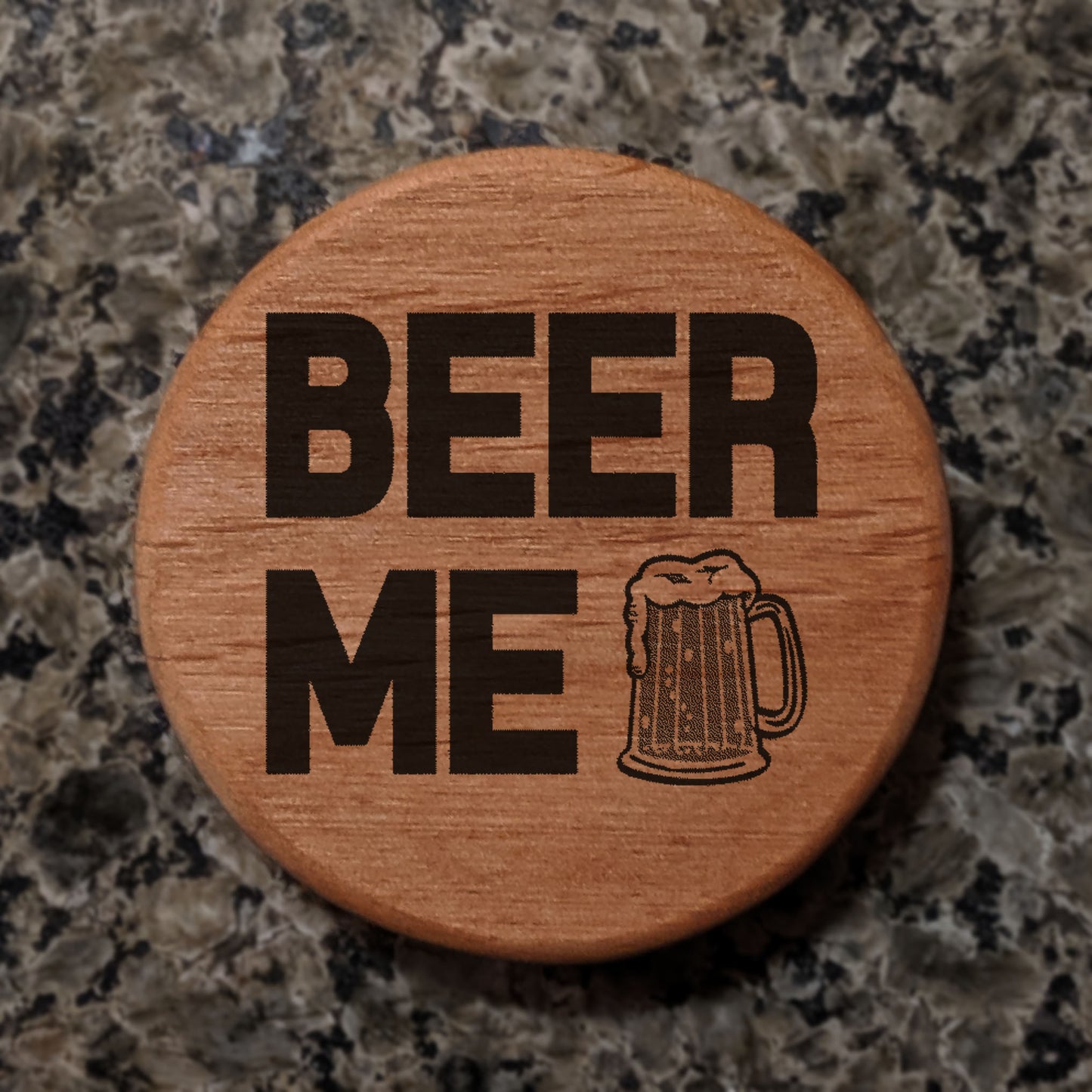 Beer Me Alder Wood Bottle Opener - 3" Round Magnetic Beer Opener with Rare Earth Magnets for Fridge, Kegerator, BBQ Grill - Laser Engraved Design, Metal Insert