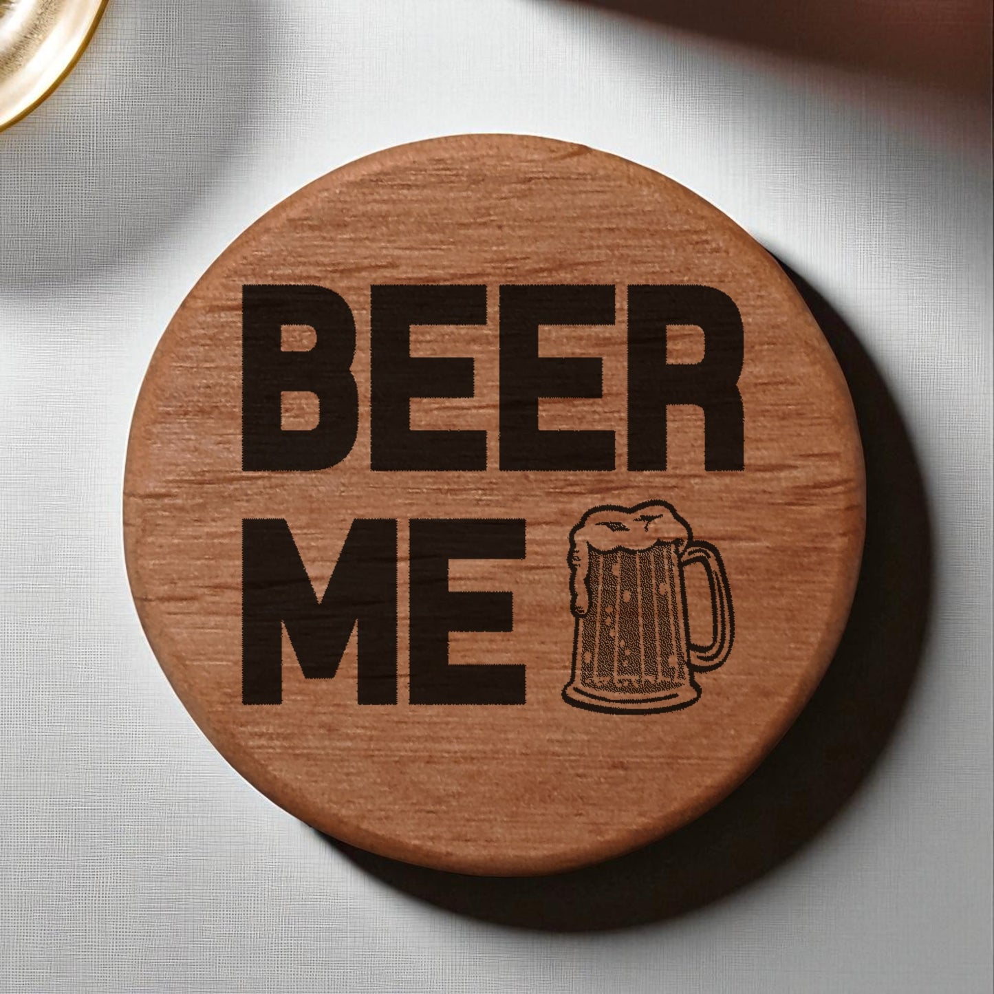 Beer Me Alder Wood Bottle Opener - 3" Round Magnetic Beer Opener with Rare Earth Magnets for Fridge, Kegerator, BBQ Grill - Laser Engraved Design, Metal Insert