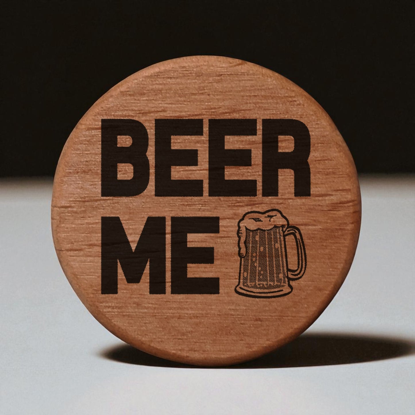 Beer Me Alder Wood Bottle Opener - 3" Round Magnetic Beer Opener with Rare Earth Magnets for Fridge, Kegerator, BBQ Grill - Laser Engraved Design, Metal Insert