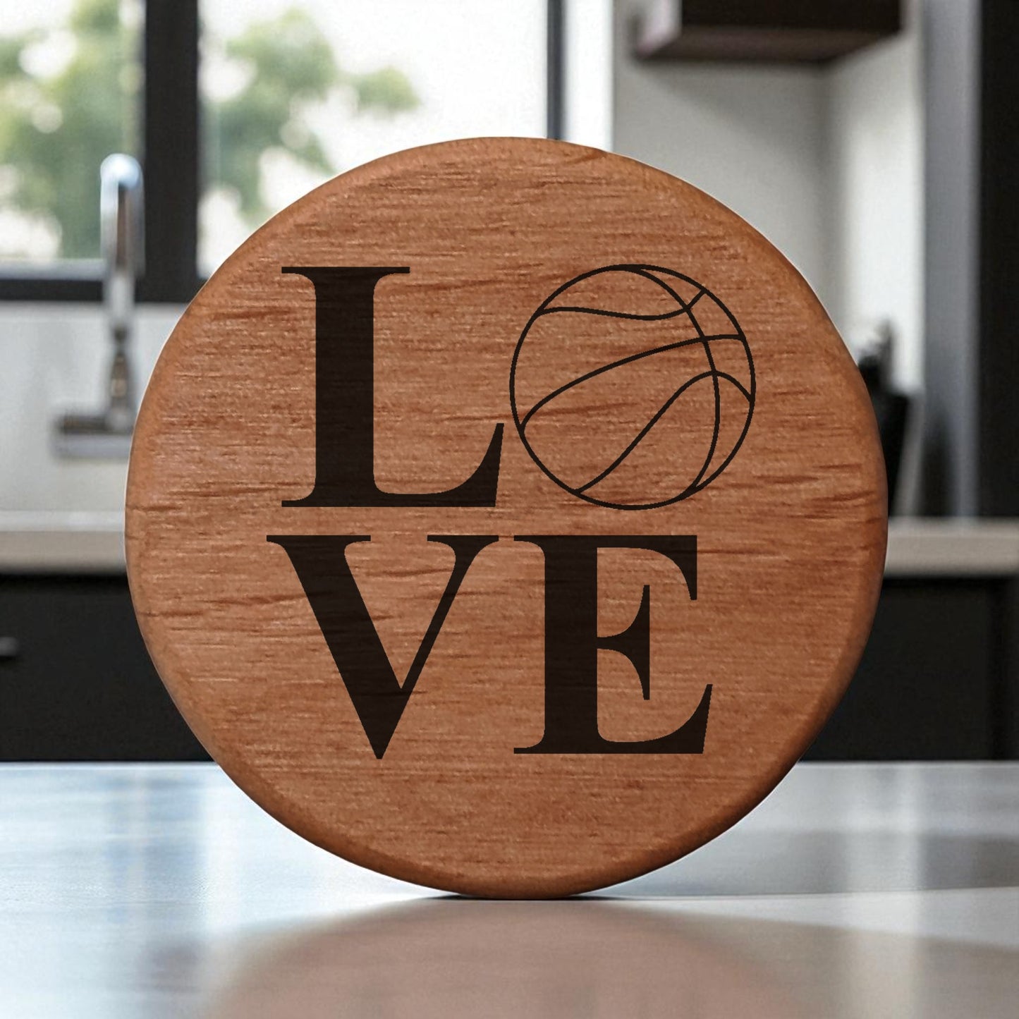 Love Basketball Wood Bottle Opener - 3" Round Alder Wood with Metal Insert & Magnets for Fridge, Kegerator, BBQ Grill - Perfect Gift for Basketball Fans & Sports Lovers