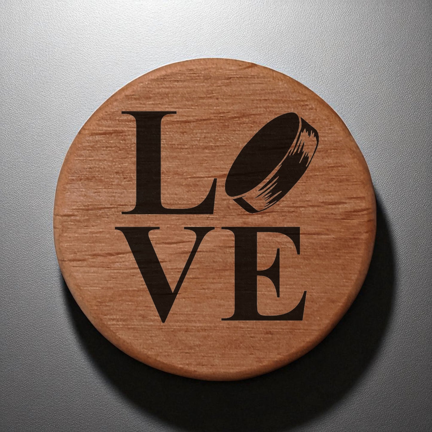 Love Hockey Puck Alder Wood Bottle Opener - 3" Round Magnetic Beer Opener with Metal Insert for Fridge Kegerator BBQ Grill - Laser Engraved Hockey Fan Gift