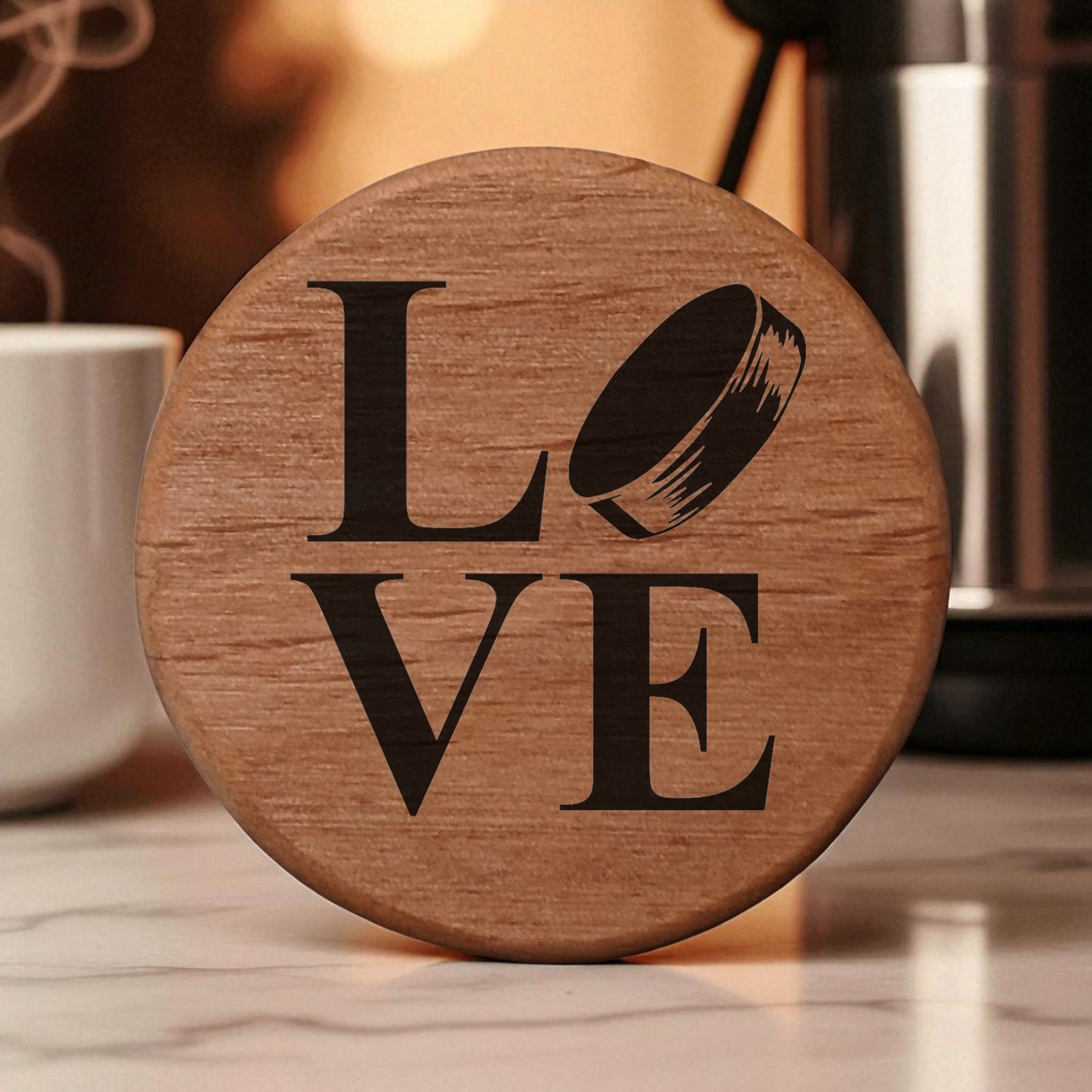 Love Hockey Puck Alder Wood Bottle Opener - 3" Round Magnetic Beer Opener with Metal Insert for Fridge Kegerator BBQ Grill - Laser Engraved Hockey Fan Gift