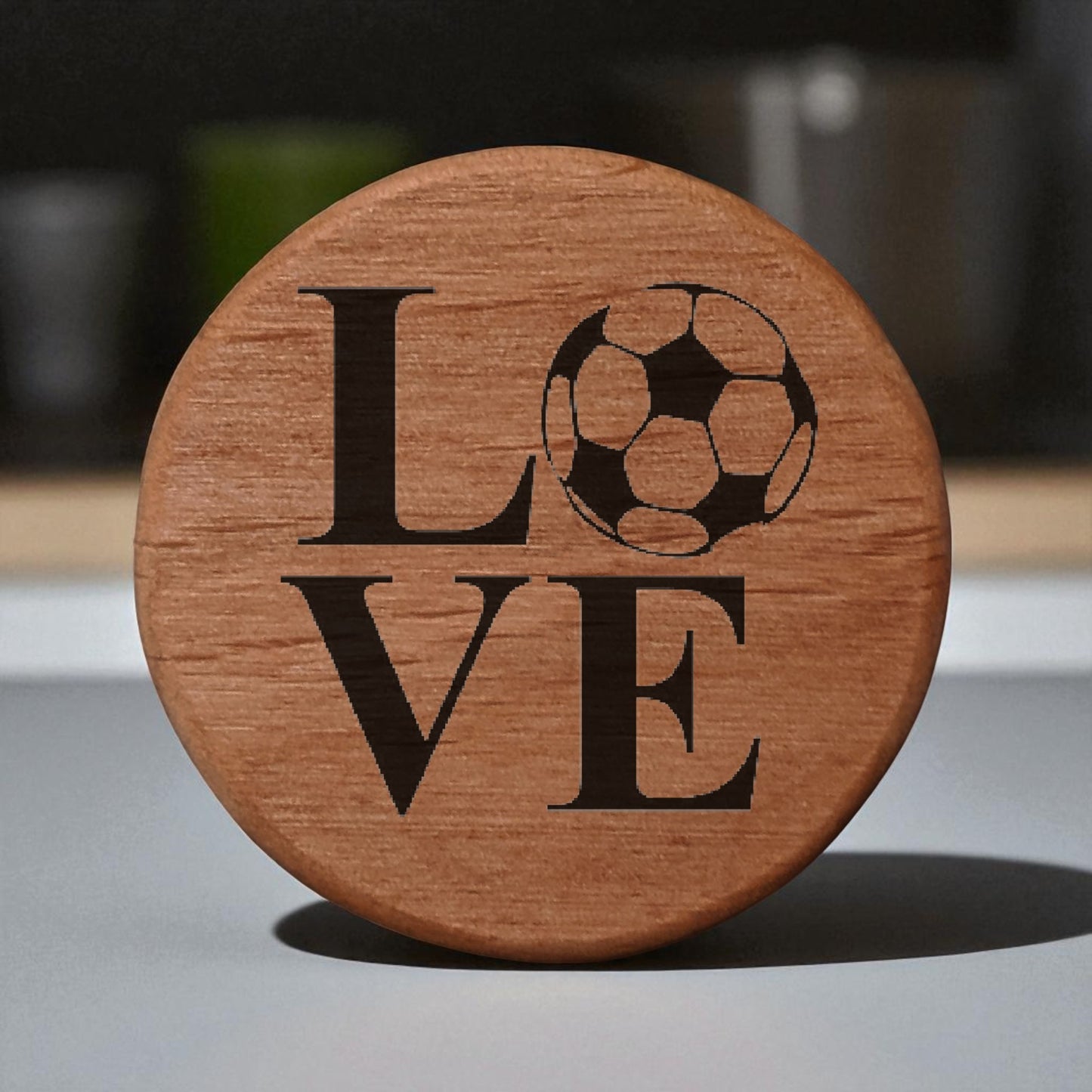 Love Soccer Ball Bottle Opener - 3" Round Alder Wood with Metal Insert & Magnets for Fridge, Kegerator, BBQ Grill - Perfect Gift for Soccer Fans & Beer Lovers