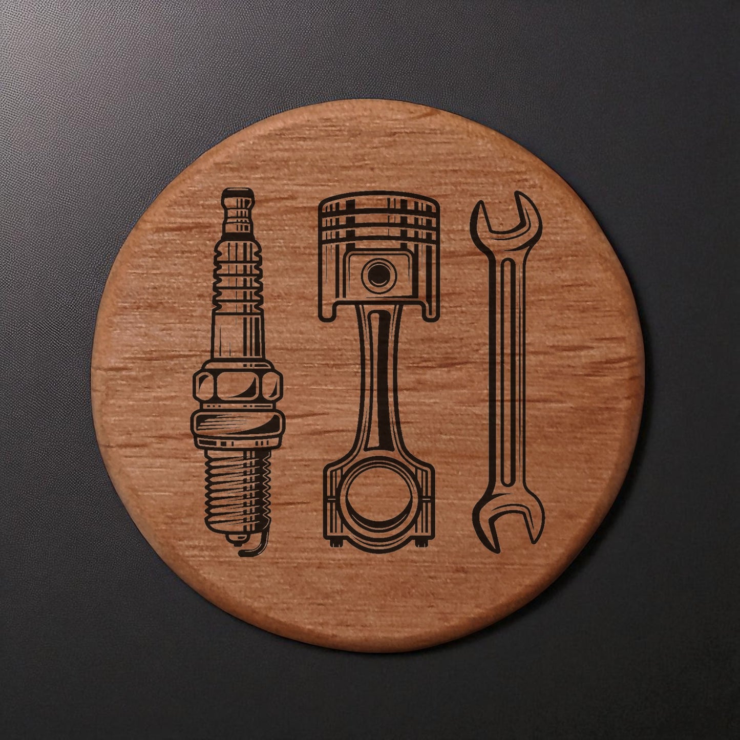 Alder Wood Bottle Opener 3" Round Magnetic Fridge Mount with Automotive Spark Plug Piston Wrench Design - Perfect for Garage Bar BBQ Grill Beer Lovers Gift