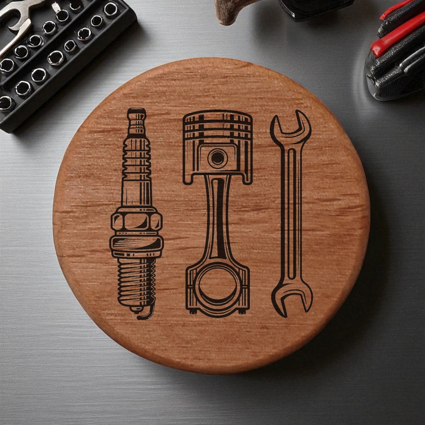 Alder Wood Bottle Opener 3" Round Magnetic Fridge Mount with Automotive Spark Plug Piston Wrench Design - Perfect for Garage Bar BBQ Grill Beer Lovers Gift