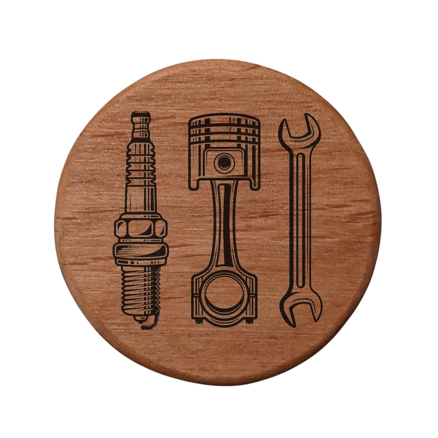 Alder Wood Bottle Opener 3" Round Magnetic Fridge Mount with Automotive Spark Plug Piston Wrench Design - Perfect for Garage Bar BBQ Grill Beer Lovers Gift