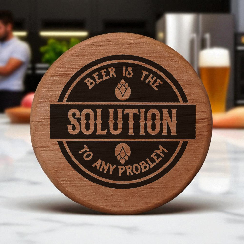 Alder Wood Bottle Opener 3" Round Magnetic Beer Opener with Metal Insert - Laser Engraved "Beer is the Solution" - Fridge Magnet for Kitchen BBQ Grill