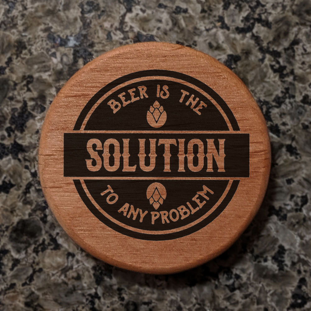 Alder Wood Bottle Opener 3" Round Magnetic Beer Opener with Metal Insert - Laser Engraved "Beer is the Solution" - Fridge Magnet for Kitchen BBQ Grill