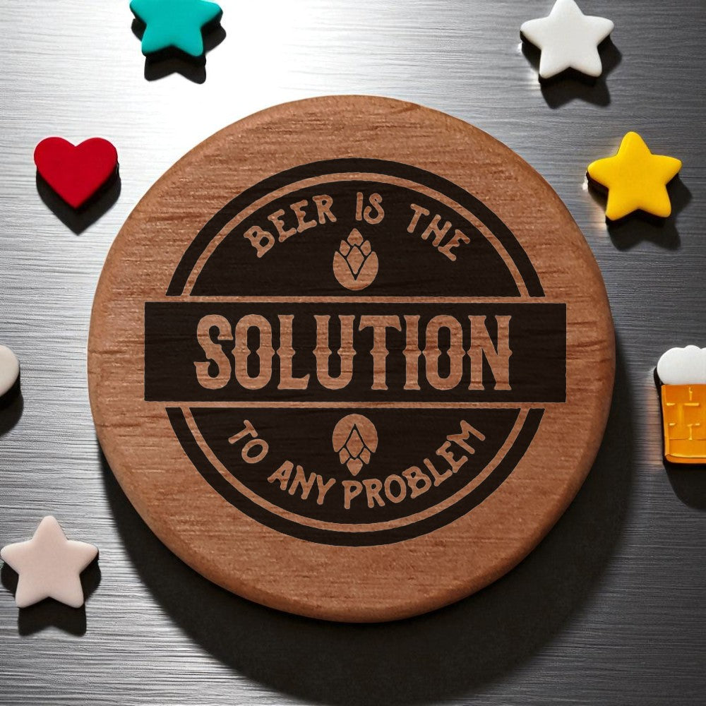 Alder Wood Bottle Opener 3" Round Magnetic Beer Opener with Metal Insert - Laser Engraved "Beer is the Solution" - Fridge Magnet for Kitchen BBQ Grill